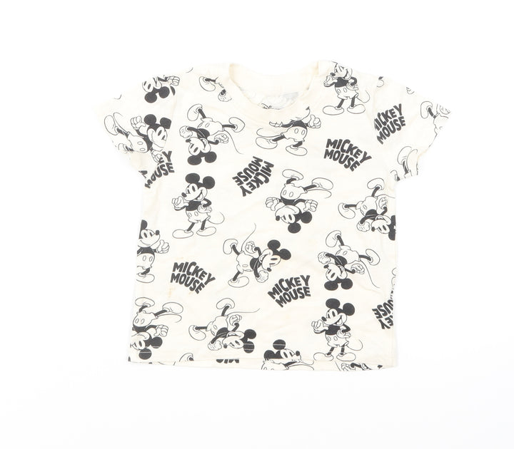 Primark Baby Ivory Geometric Cotton Basic T-Shirt Size 9-12 Months Round Neck Pullover - Mickey Mouse