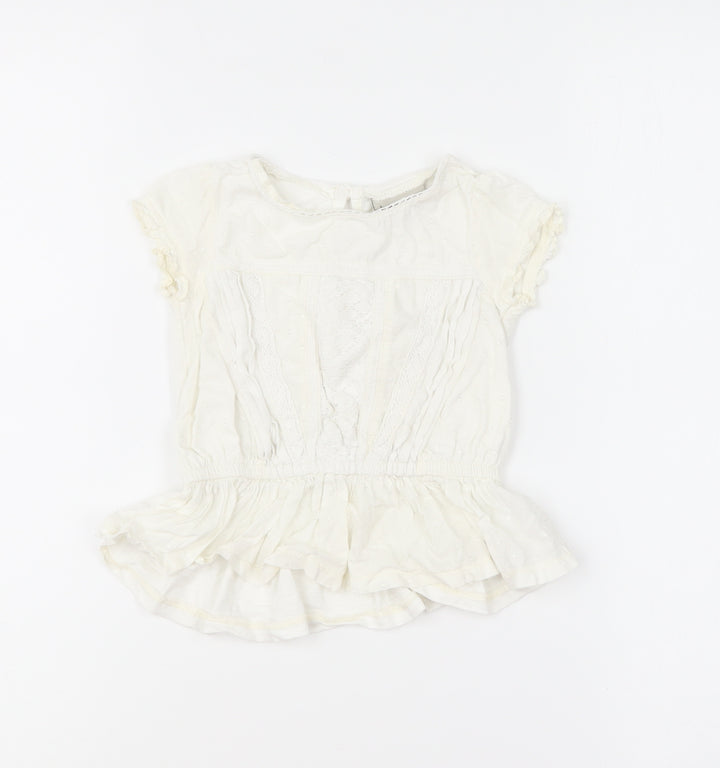 NEXT Girls Ivory Cotton Basic Blouse Size 9-12 Months Round Neck Button - Broderie Anglaise Peplum