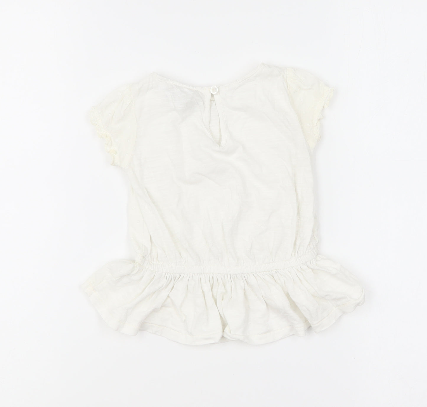 NEXT Girls Ivory Cotton Basic Blouse Size 9-12 Months Round Neck Button - Broderie Anglaise Peplum