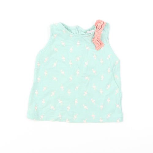 mamas & papas Baby Green Geometric Cotton Basic T-Shirt Size 18-24 Months Round Neck Button - Flamingo Print