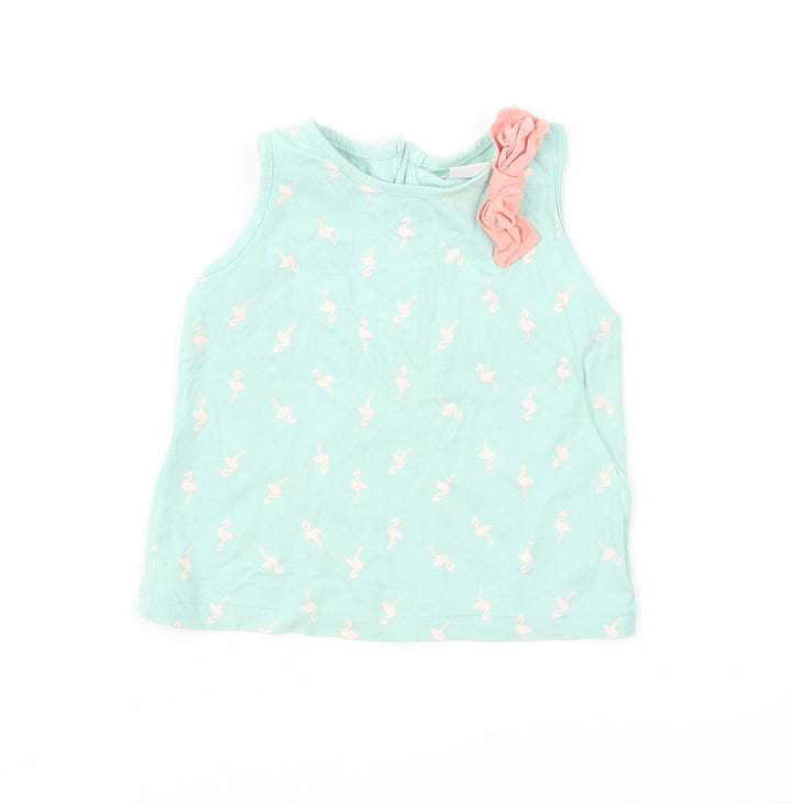 mamas & papas Baby Green Geometric Cotton Basic T-Shirt Size 18-24 Months Round Neck Button - Flamingo Print