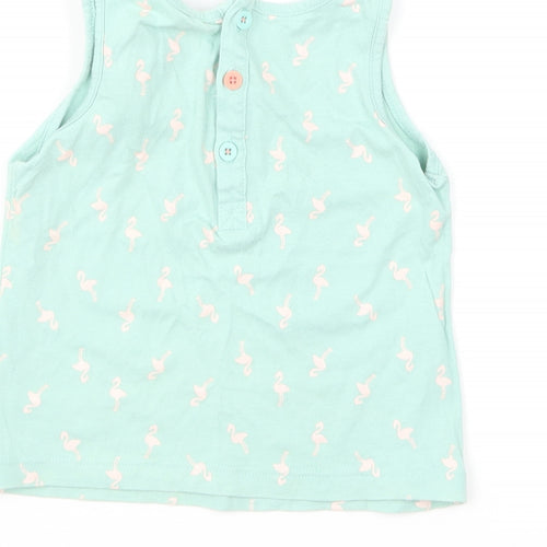 mamas & papas Baby Green Geometric Cotton Basic T-Shirt Size 18-24 Months Round Neck Button - Flamingo Print
