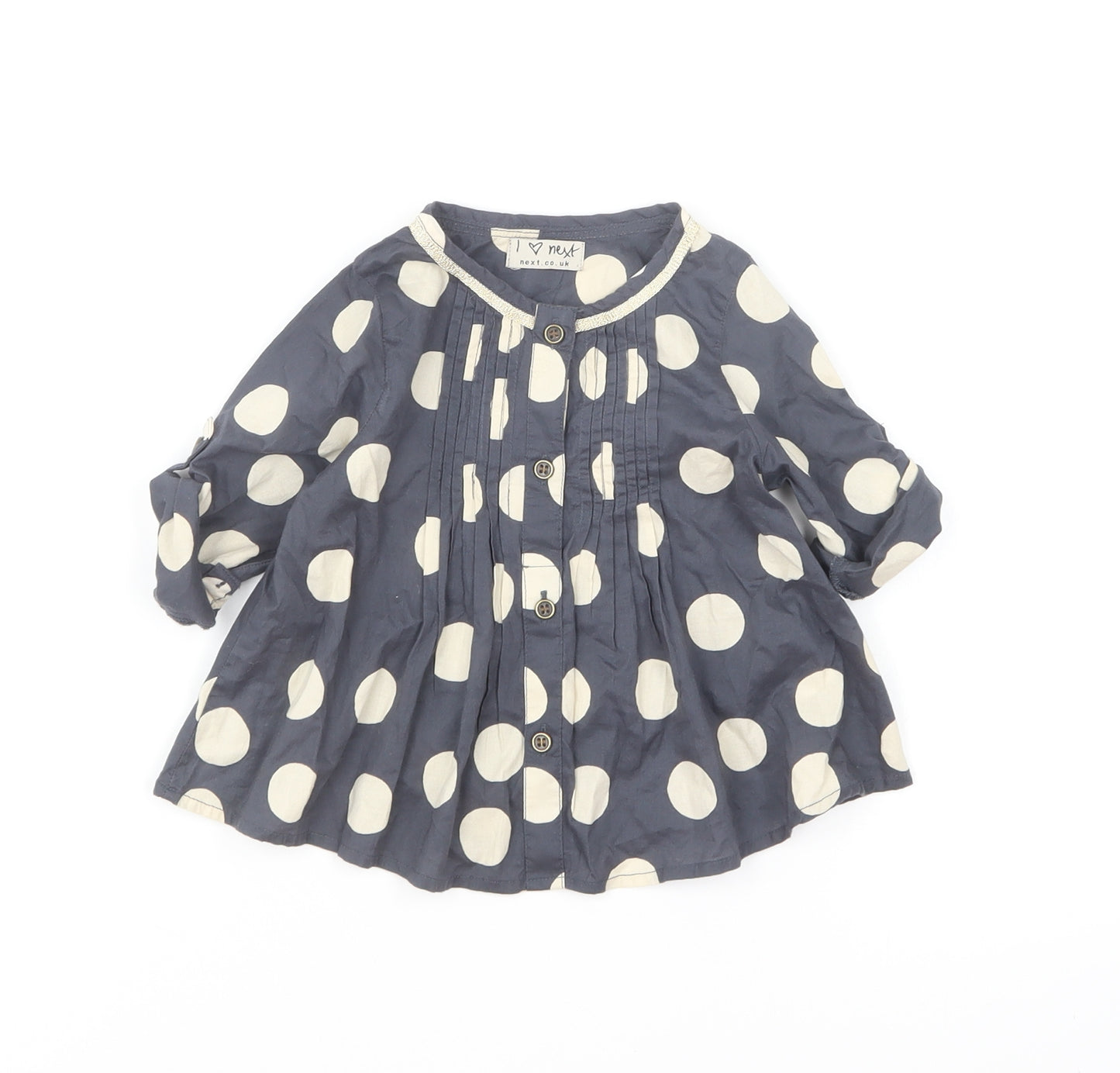 NEXT Girls Grey Polka Dot Cotton Basic Blouse Size 6-9 Months Round Neck Button