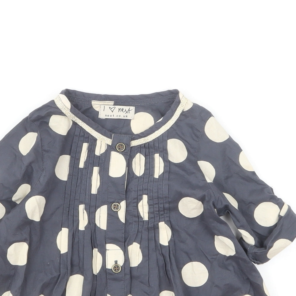 NEXT Girls Grey Polka Dot Cotton Basic Blouse Size 6-9 Months Round Neck Button