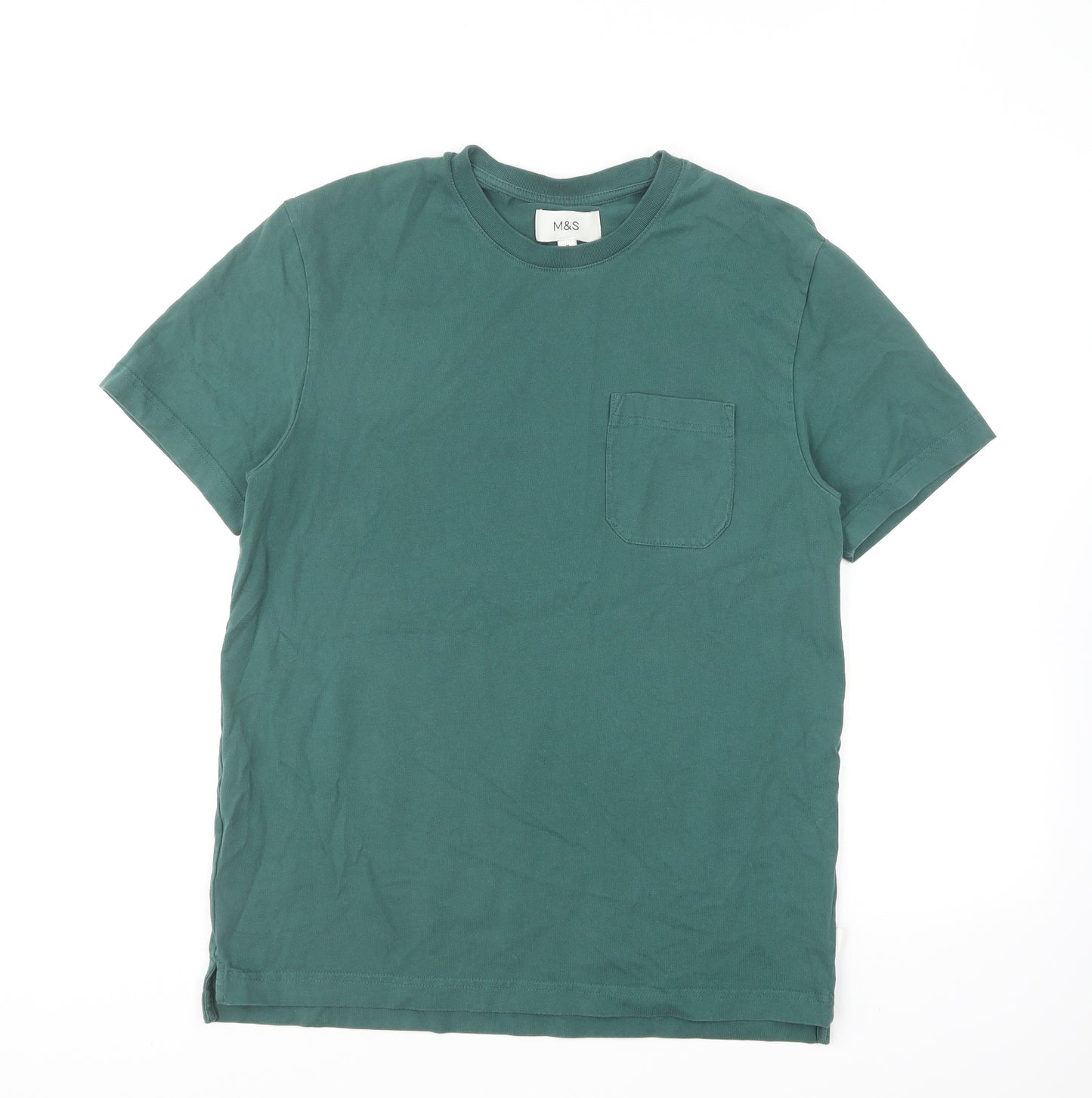 Marks and Spencer Mens Green Cotton T-Shirt Size M Round Neck