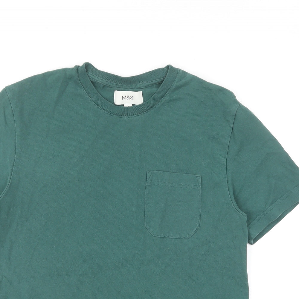 Marks and Spencer Mens Green Cotton T-Shirt Size M Round Neck