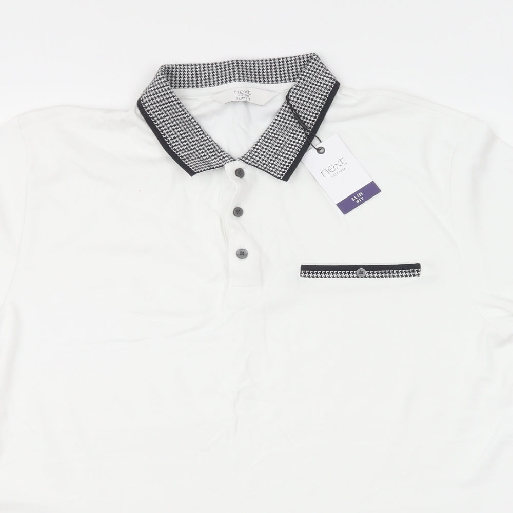 NEXT Mens White Cotton Polo Size L Collared Button