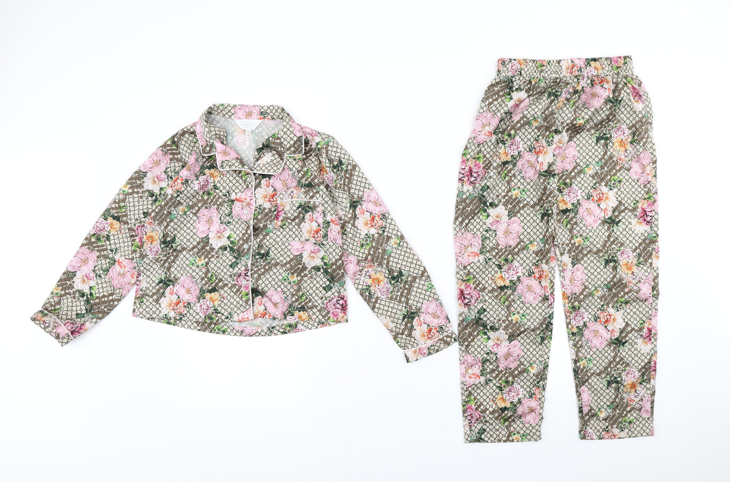 River Island Girls Brown Floral Polyester Top Pyjama Set Size 7-8 Years Button - Pyjama set