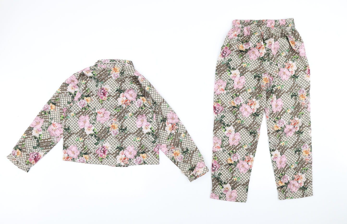 River Island Girls Brown Floral Polyester Top Pyjama Set Size 7-8 Years Button - Pyjama set