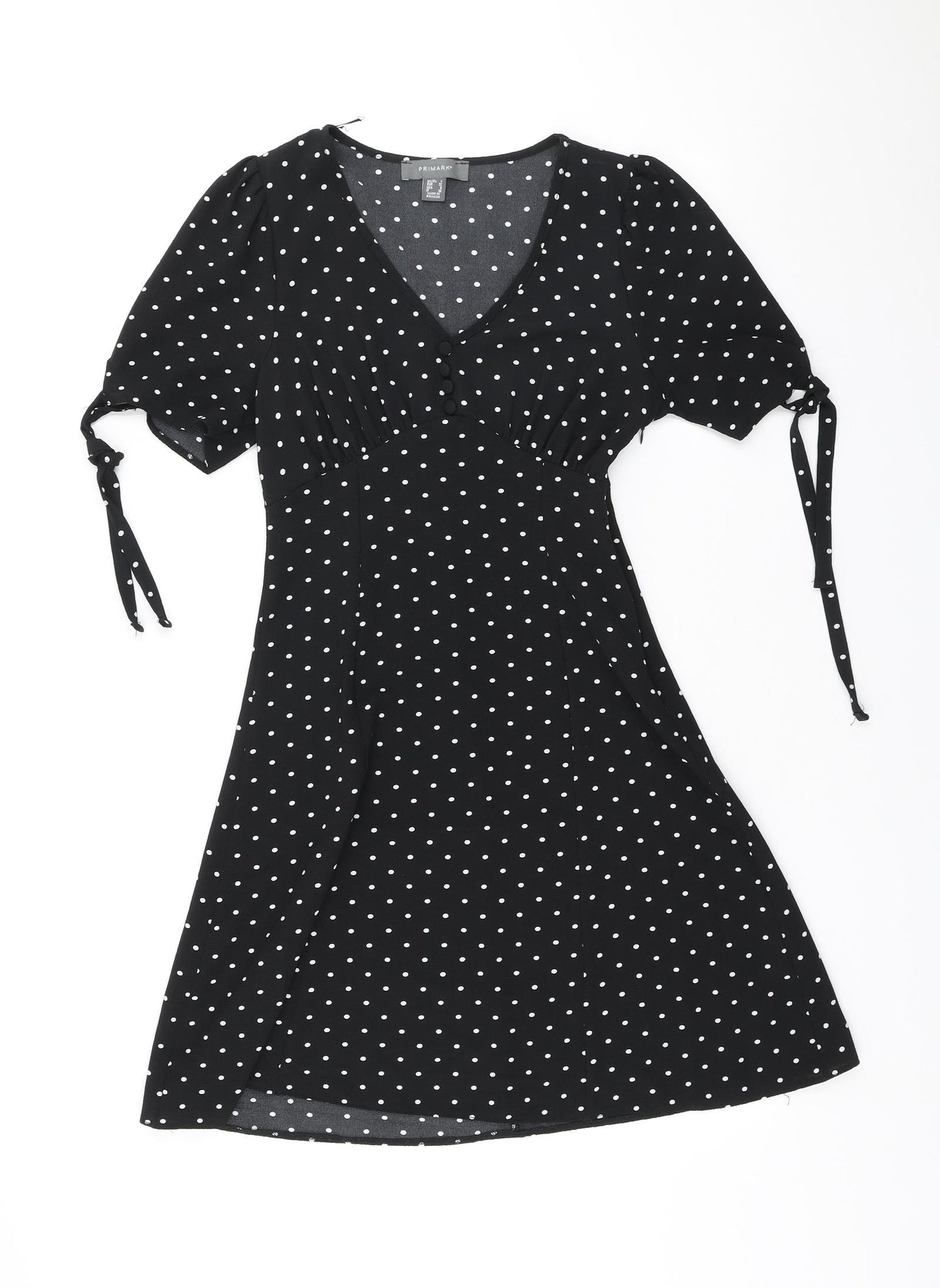 Primark Womens Black Polka Dot Polyester A-Line Size 4 V-Neck Zip