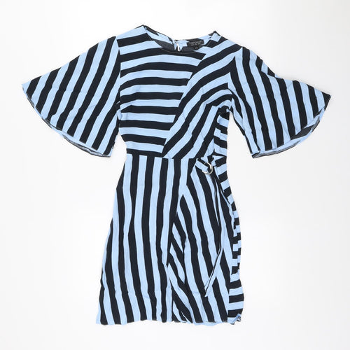 Topshop Womens Blue Striped Viscose Shift Size 6 Scoop Neck Hook & Loop