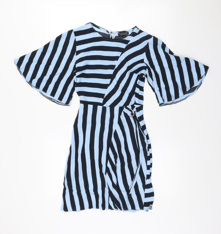 Topshop Womens Blue Striped Viscose Shift Size 6 Scoop Neck Hook & Loop
