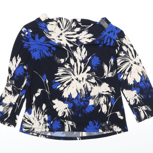 CC Womens Blue Floral Polyester Basic T-Shirt Size L Boat Neck