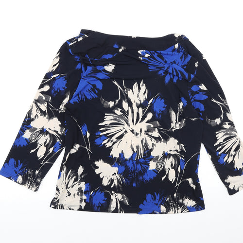 CC Womens Blue Floral Polyester Basic T-Shirt Size L Boat Neck