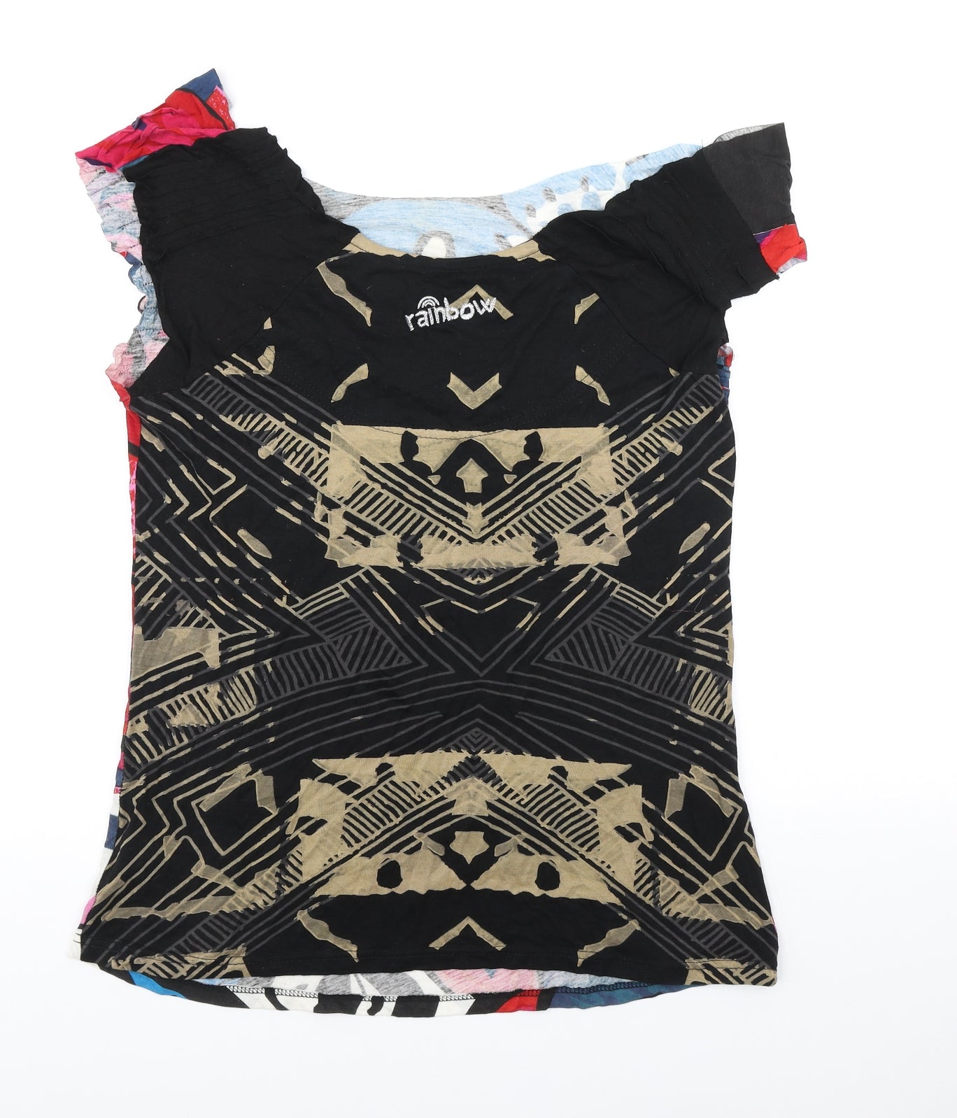 Desigual Womens Multicoloured Geometric Viscose Basic T-Shirt Size XL Scoop Neck