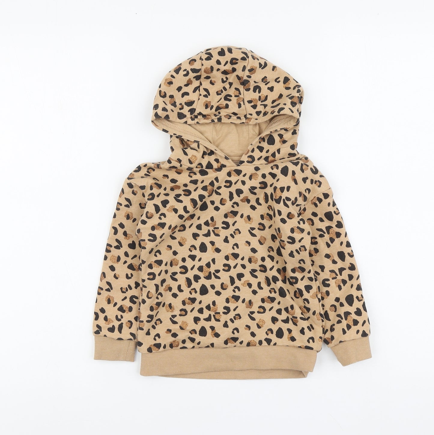 Dunnes Stores Girls Beige Animal Print Cotton Pullover Hoodie Size 3-4 Years Pullover - Leopard Print