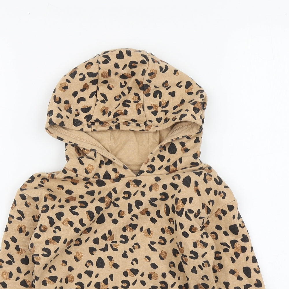 Dunnes Stores Girls Beige Animal Print Cotton Pullover Hoodie Size 3-4 Years Pullover - Leopard Print