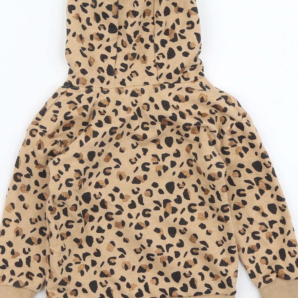 Dunnes Stores Girls Beige Animal Print Cotton Pullover Hoodie Size 3-4 Years Pullover - Leopard Print