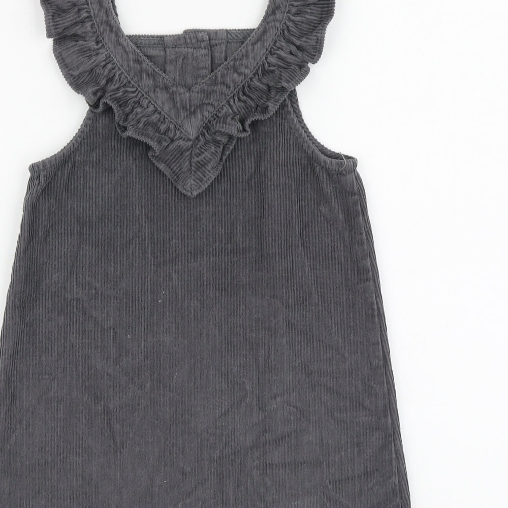 George Girls Grey Cotton Pinafore/Dungaree Dress Size 3-4 Years Sweetheart Button