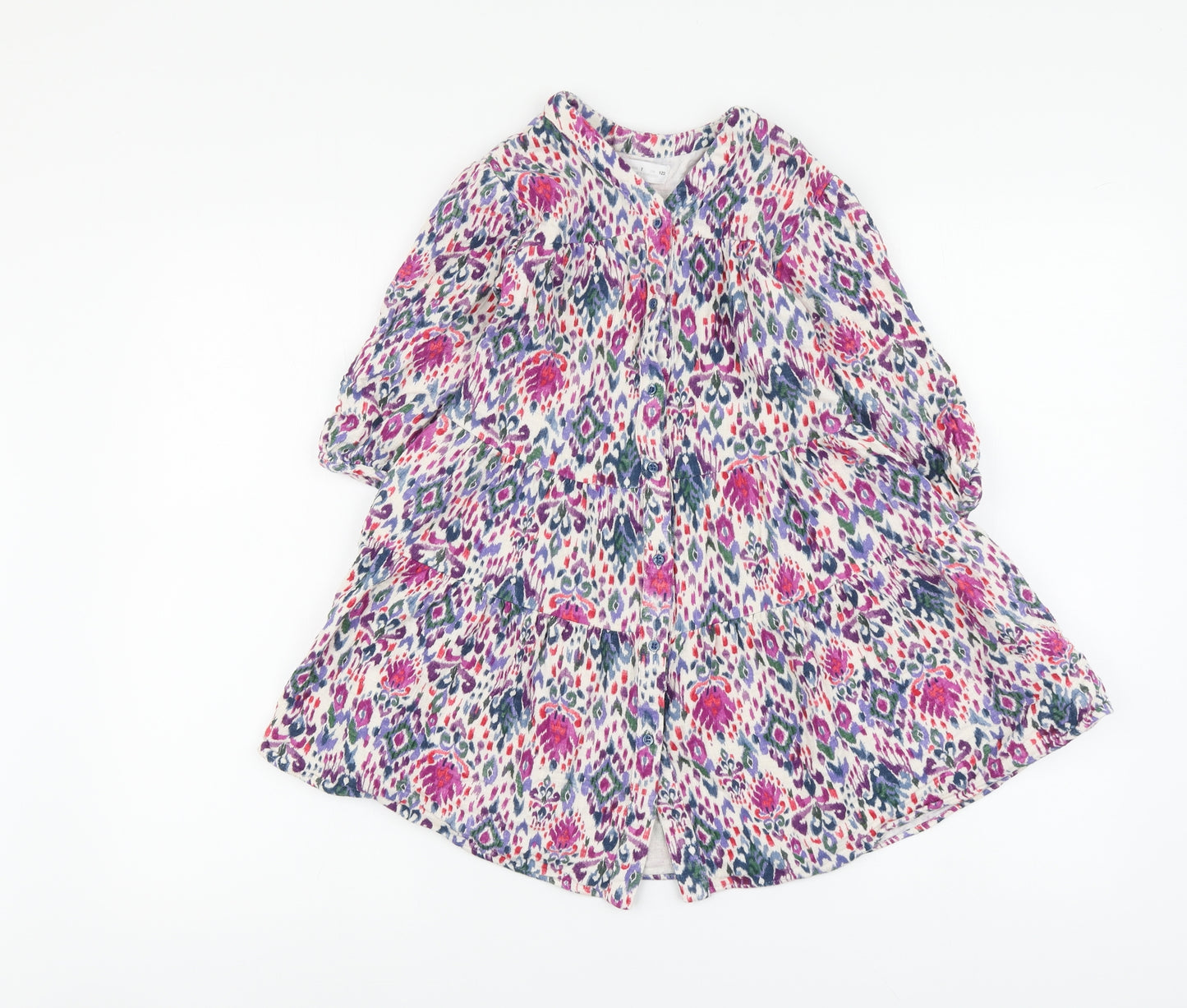 Zara Girls Multicoloured Geometric Cotton Skater Dress Size 7 Years V-Neck Button