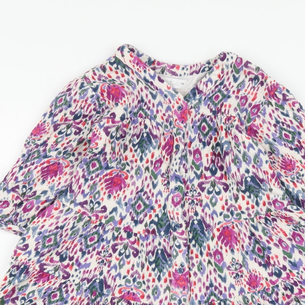 Zara Girls Multicoloured Geometric Cotton Skater Dress Size 7 Years V-Neck Button