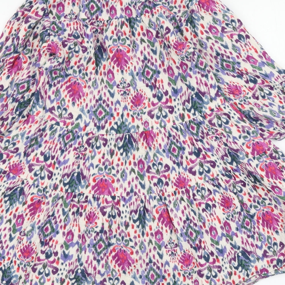 Zara Girls Multicoloured Geometric Cotton Skater Dress Size 7 Years V-Neck Button