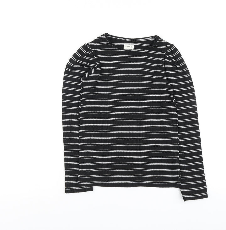 F&F Girls Black Striped Polyester Basic T-Shirt Size 9-10 Years Round Neck Pullover - Ribbed