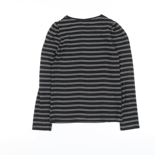 F&F Girls Black Striped Polyester Basic T-Shirt Size 9-10 Years Round Neck Pullover - Ribbed