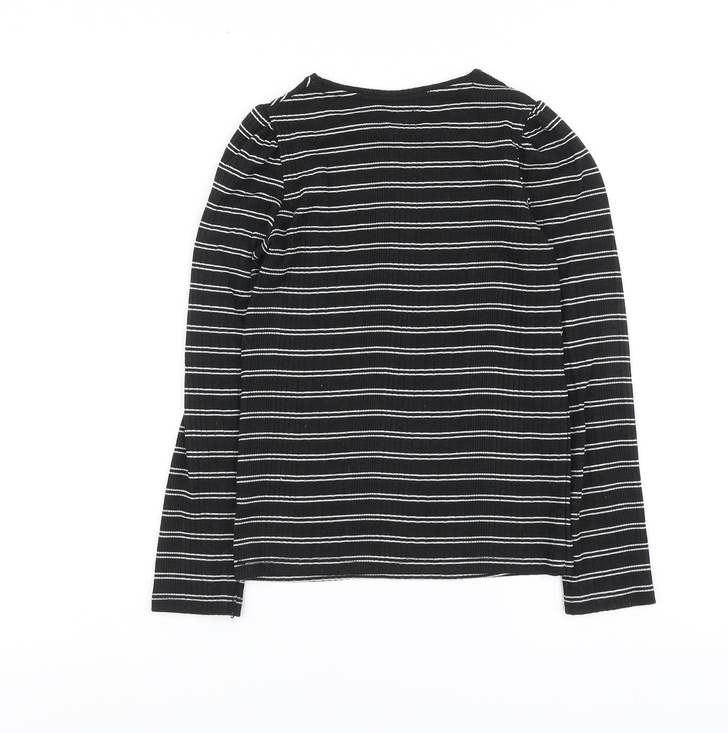 F&F Girls Black Striped Polyester Basic T-Shirt Size 9-10 Years Round Neck Pullover - Ribbed