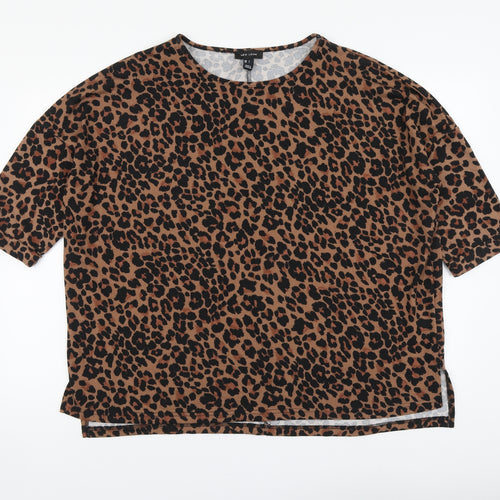 New Look Womens Brown Animal Print Polyester Basic Blouse Size L Round Neck