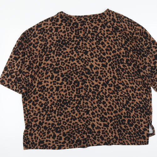 New Look Womens Brown Animal Print Polyester Basic Blouse Size L Round Neck