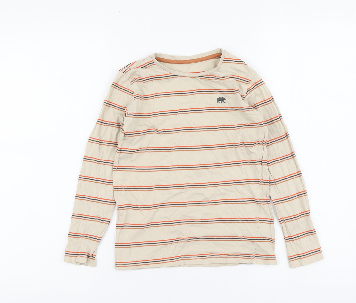 Dunnes Stores Boys Beige Striped Cotton Basic T-Shirt Size 7-8 Years Round Neck Pullover