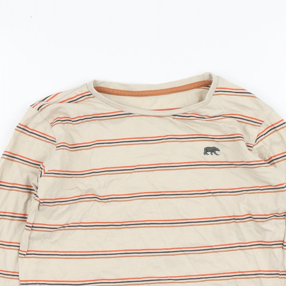 Dunnes Stores Boys Beige Striped Cotton Basic T-Shirt Size 7-8 Years Round Neck Pullover