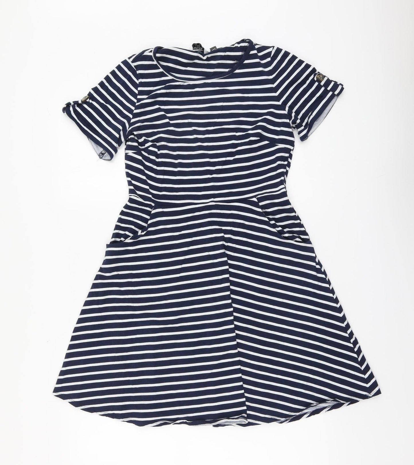 Dorothy Perkins Womens Blue Striped Cotton Skater Dress Size 12 Round Neck Pullover