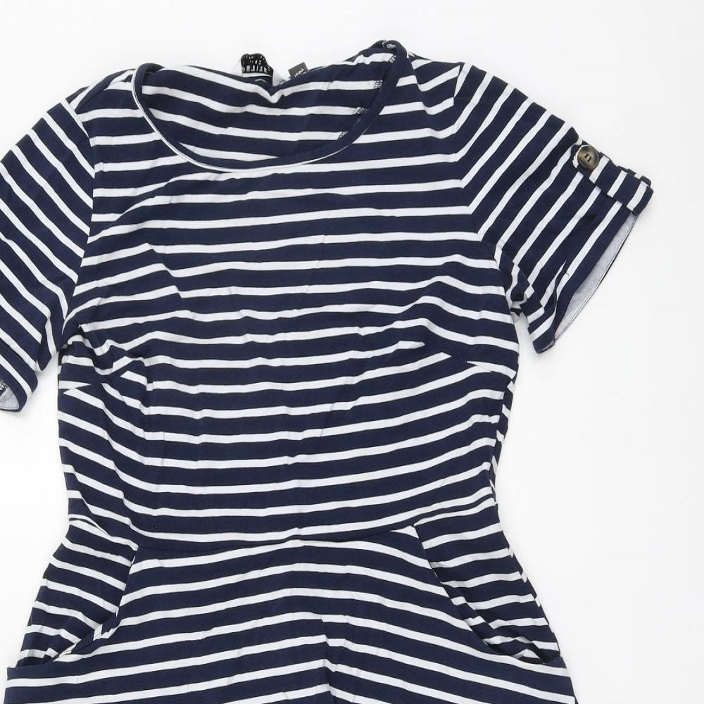 Dorothy Perkins Womens Blue Striped Cotton Skater Dress Size 12 Round Neck Pullover