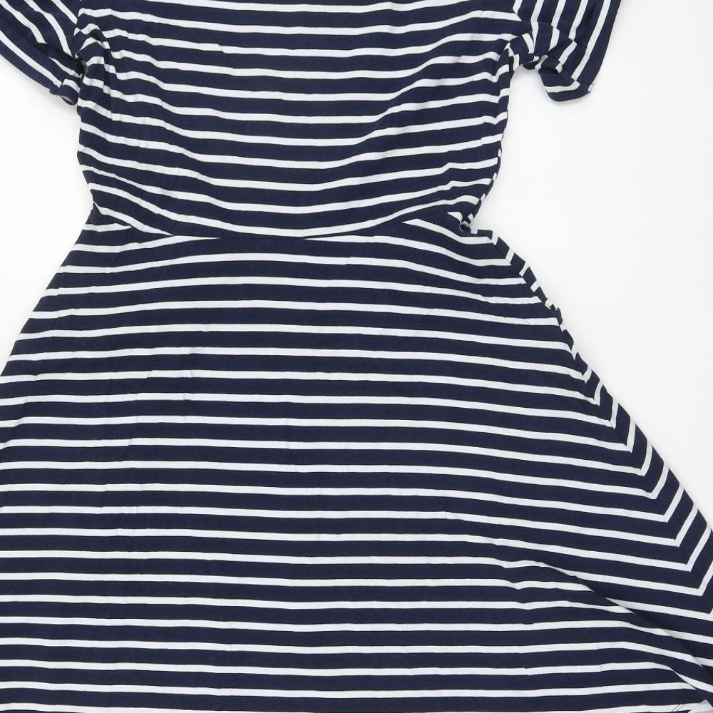 Dorothy Perkins Womens Blue Striped Cotton Skater Dress Size 12 Round Neck Pullover
