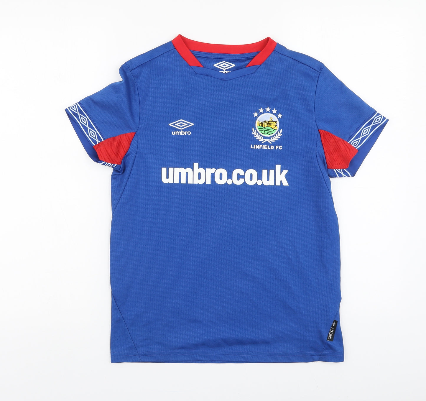 Umbro Boys Blue Polyester Basic T-Shirt Size 12 Years Round Neck Pullover - Linfield FC
