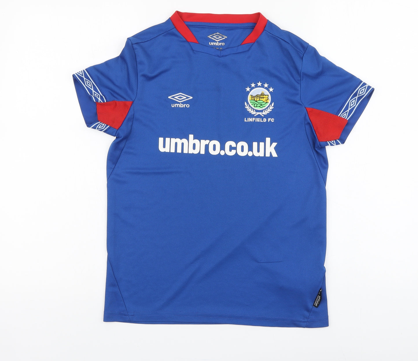 Umbro Boys Blue Polyester Basic T-Shirt Size 12 Years Round Neck Pullover - Linfield FC