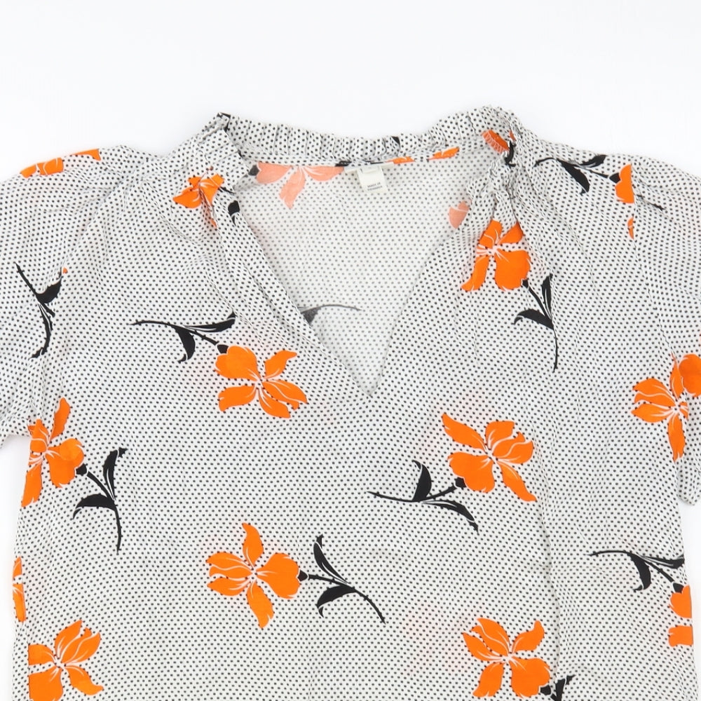 River Island Womens White Polka Dot Viscose Basic Blouse Size 8 V-Neck - Flower Print