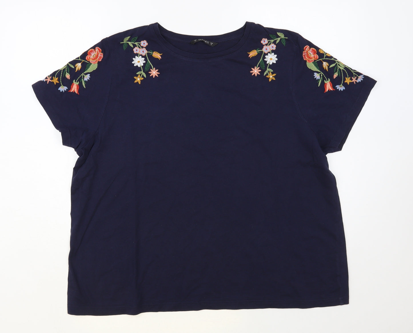Dunnes Stores Womens Blue Floral Cotton Basic T-Shirt Size XL Round Neck