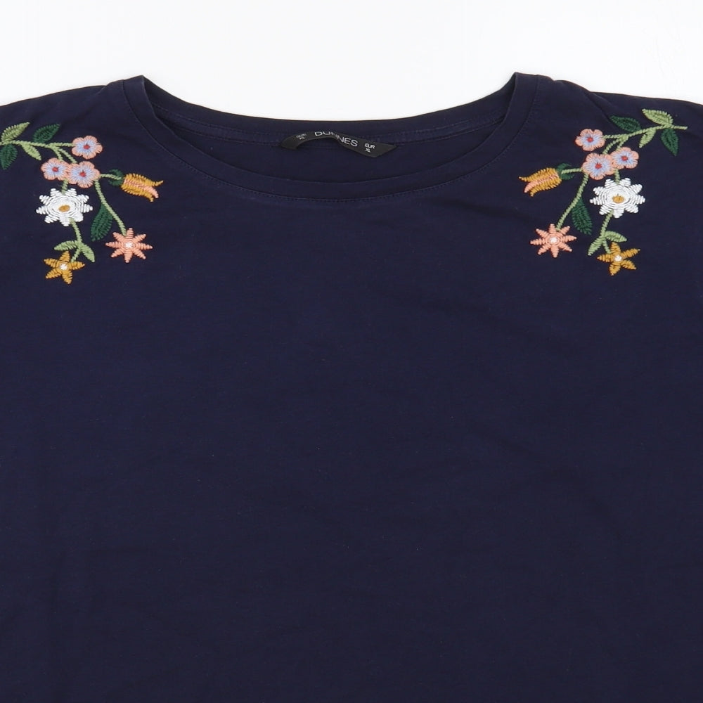 Dunnes Stores Womens Blue Floral Cotton Basic T-Shirt Size XL Round Neck