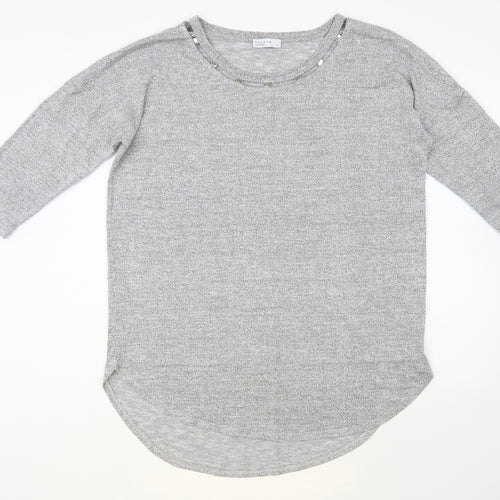 Papaya Womens Grey Round Neck Viscose Tunic Jumper Size L - Embellished Neckline