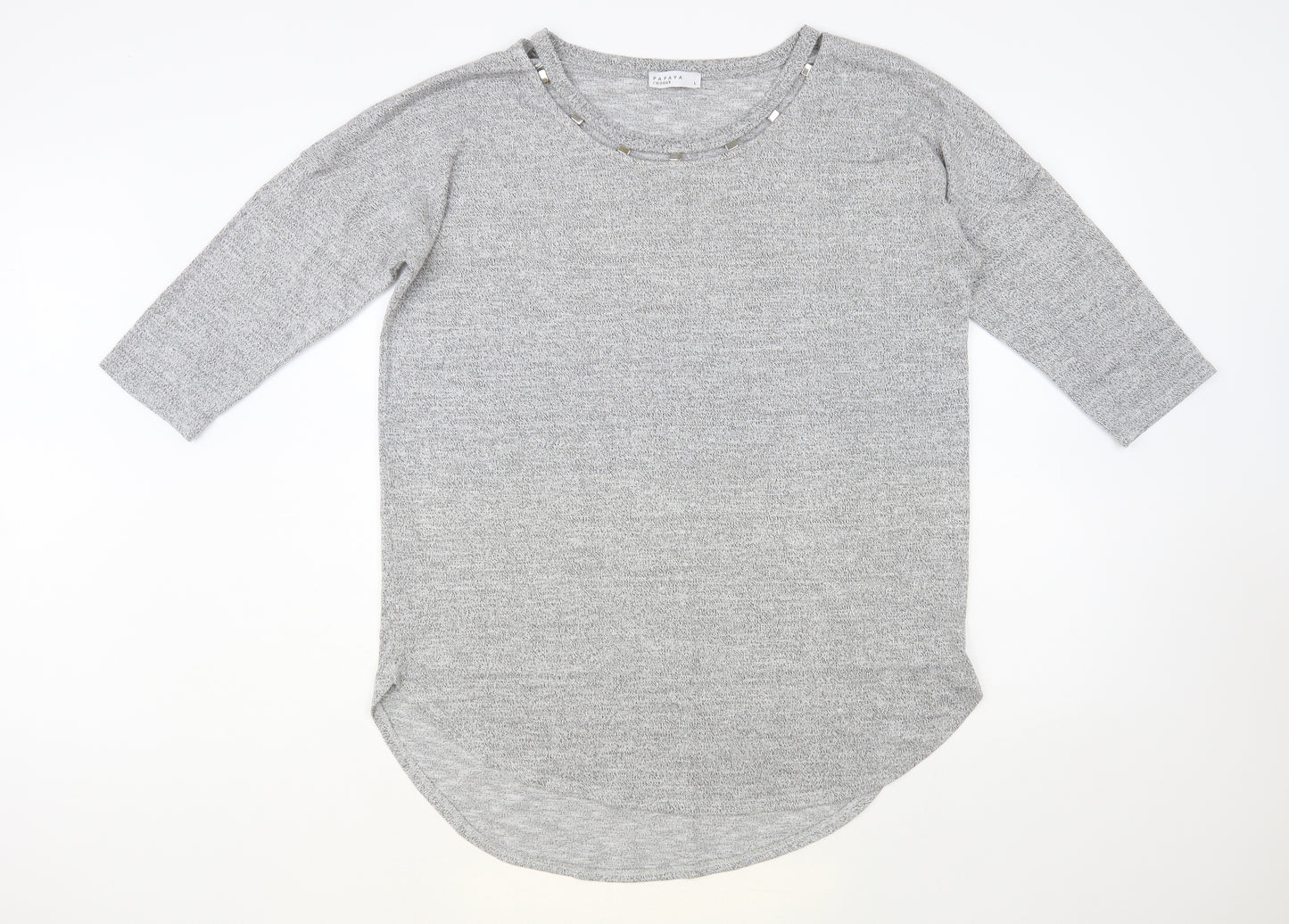 Papaya Womens Grey Round Neck Viscose Tunic Jumper Size L - Embellished Neckline