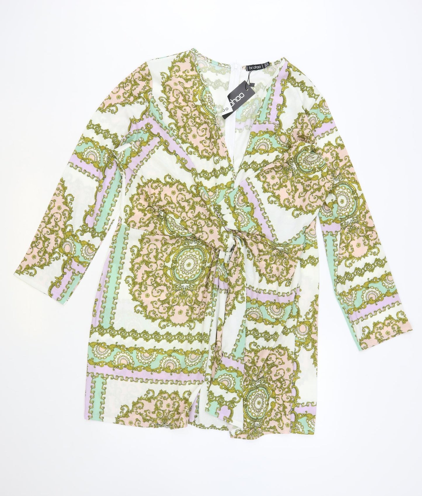 Boohoo Womens Multicoloured Geometric Polyester Wrap Dress Size 22 V-Neck Zip