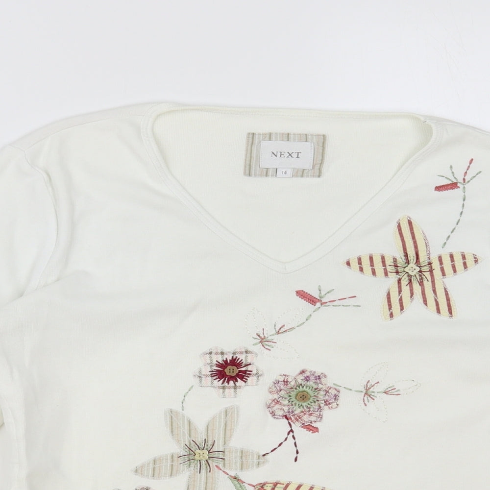 NEXT Womens White Cotton Basic T-Shirt Size 14 V-Neck