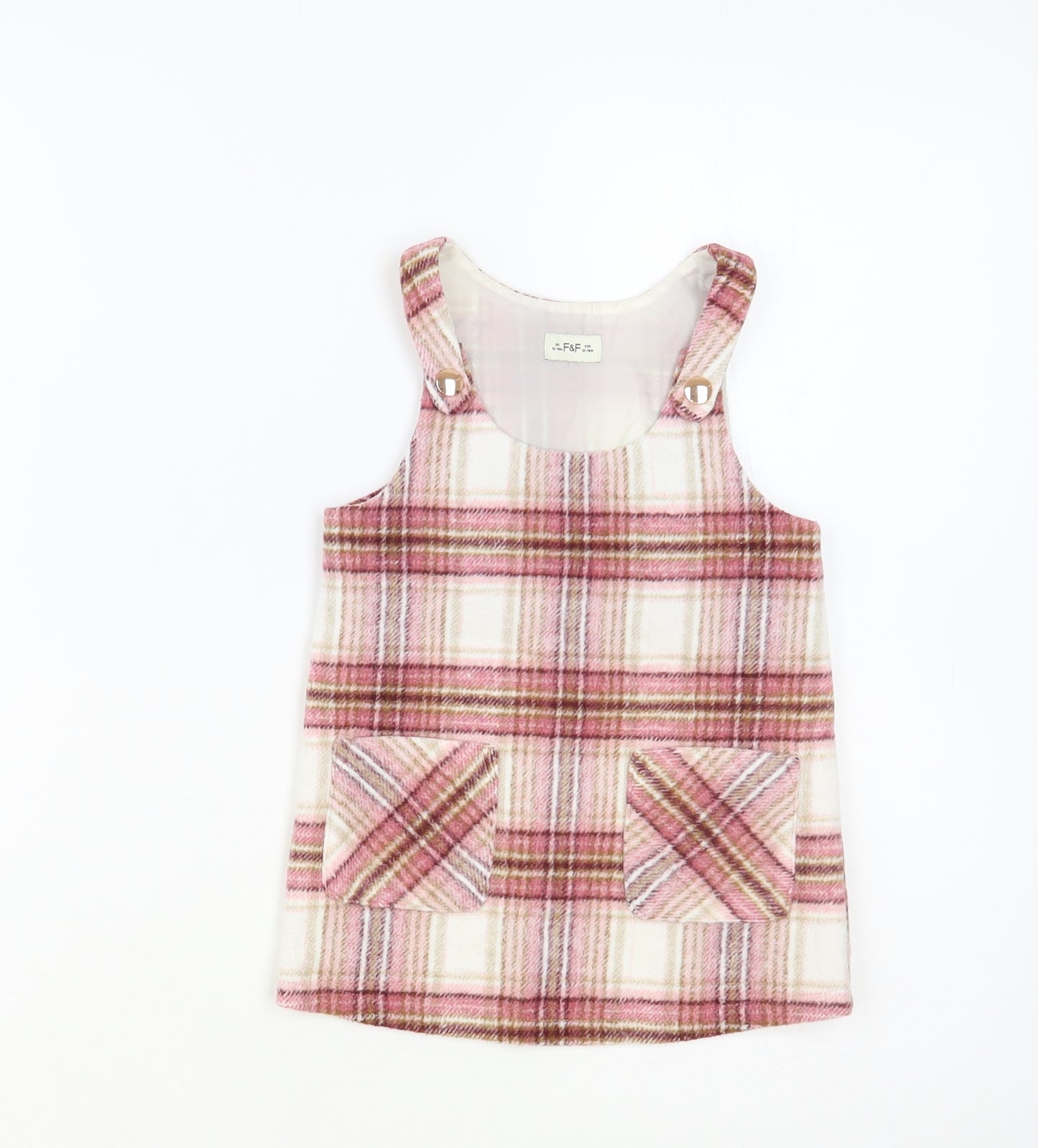 F&F Baby Pink Plaid Polyester Pinafore/Dungaree Dress Size 12-18 Months Scoop Neck Snap