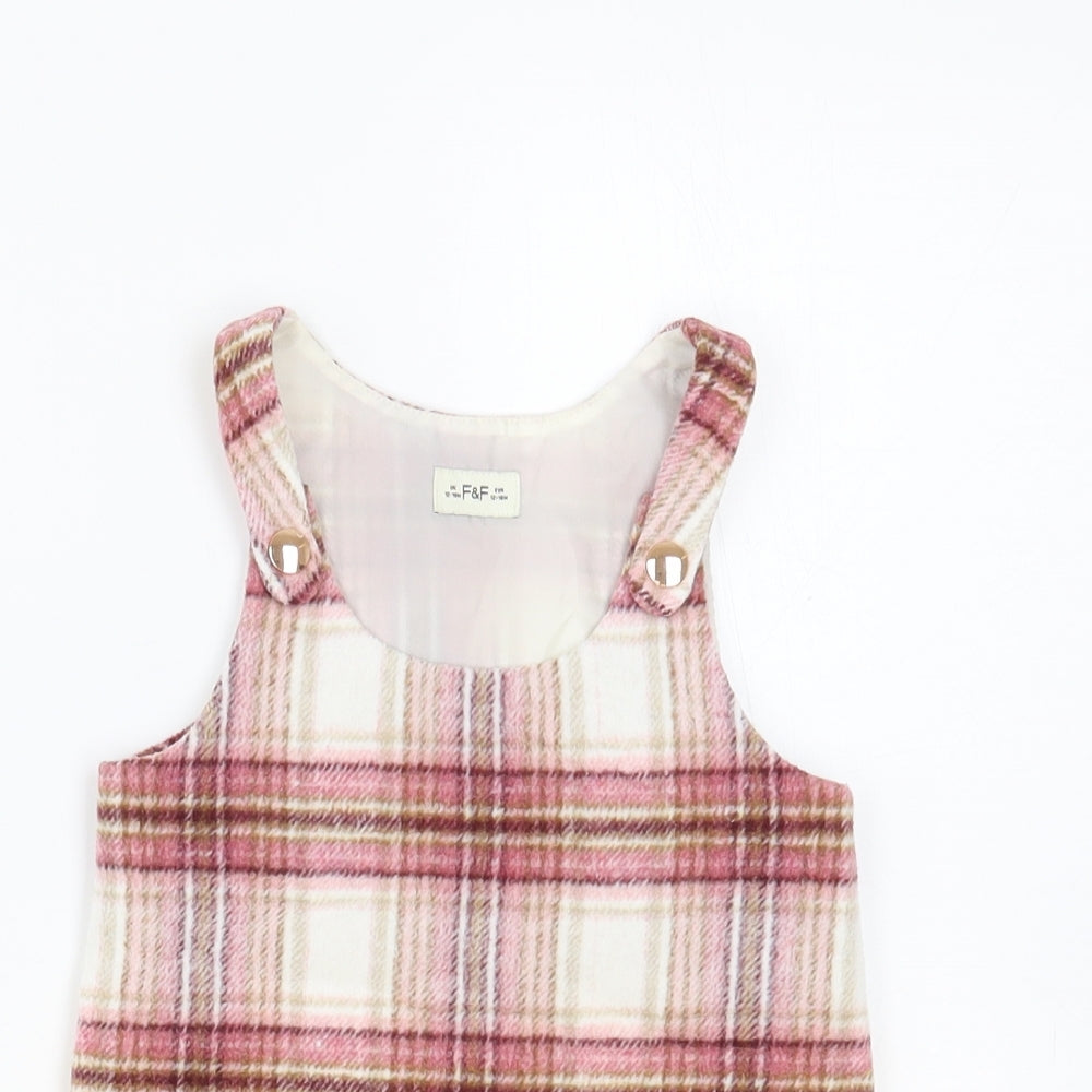 F&F Baby Pink Plaid Polyester Pinafore/Dungaree Dress Size 12-18 Months Scoop Neck Snap