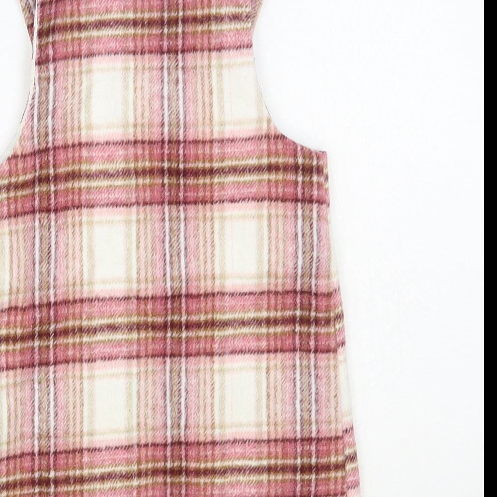 F&F Baby Pink Plaid Polyester Pinafore/Dungaree Dress Size 12-18 Months Scoop Neck Snap