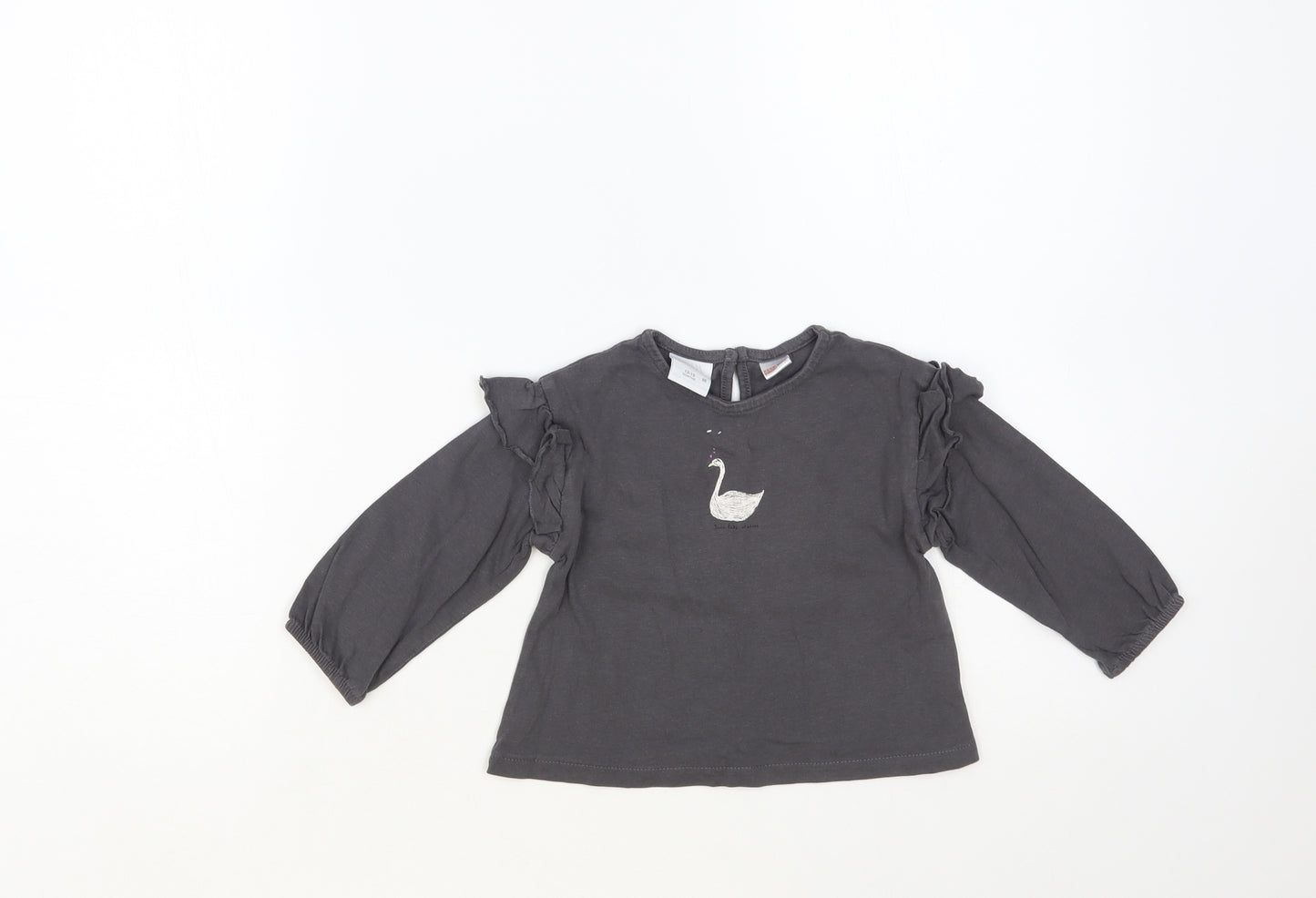 Zara Baby Grey Cotton Pullover T-Shirt Size 12-18 Months Crew Neck Button - Swan