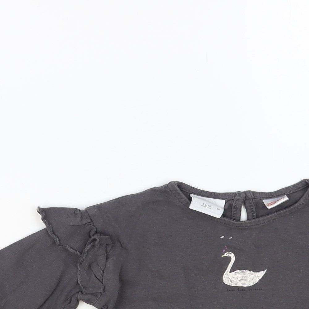 Zara Baby Grey Cotton Pullover T-Shirt Size 12-18 Months Crew Neck Button - Swan